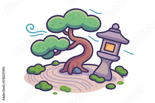 Stylized Japanese Zen rock garden landscape with pine tree and stone lantern