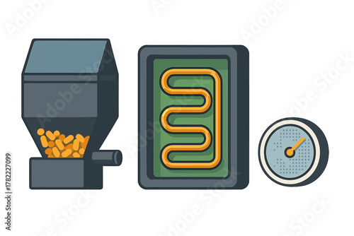 Industrial process components: material feeder, heat exchanger, and pressure gauge