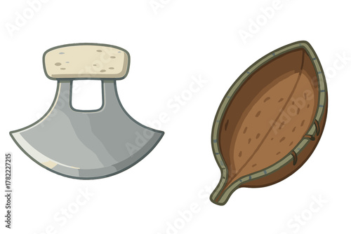 Traditional Inuit ulu knife and wooden scoop for preparing food and materials