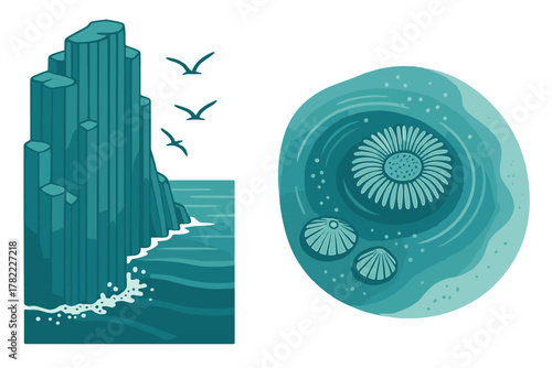 Set of coastal nature elements featuring basalt columns, ocean waves, birds, and marine life
