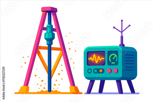 Geophysical exploration equipment featuring a drilling derrick and seismic data monitoring device