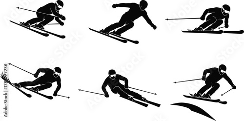Dynamic skiing silhouettes, winter sports vector illustration, skier action poses, ski jump, downhill skiing, alpine sport icons, extreme snow activity design