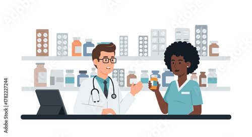 Friendly doctor and nurse collaborate discussing medication options in a modern pharmacy setting