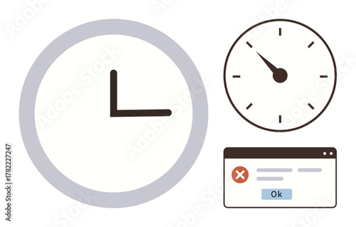 Analog clock, digital error popup, and deadline illustration convey time management, urgency, and problem-solving. Ideal for schedules, productivity, deadlines, troubleshooting alerts efficiency