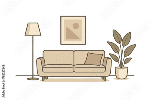 Cozy modern living room setup featuring a comfortable couch, standing lamp, framed artwork, and large houseplant