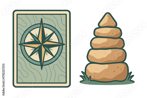 Retro style card with compass rose symbol and balanced stack of textured stones for travel and stability