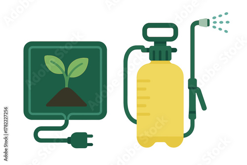 Modern farming technology concept with seedling connected to electric plug and garden sprayer
