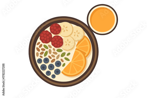 Healthy breakfast bowl with fresh berries, banana, orange slices, mixed seeds, and a cup of honey