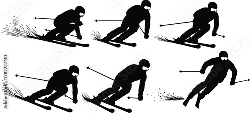 Dynamic skiing silhouettes, winter sports vector illustration, skier action poses, snow spray effect, downhill skiing, alpine sport icons, extreme snow activity design