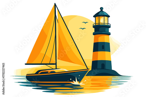 Striped lighthouse and yacht sailing on the ocean during warm golden hour sunset