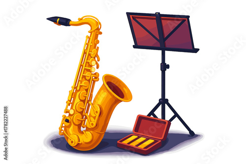 Golden brass saxophone standing next to a black music stand and an open reed case ready for a jazz performance