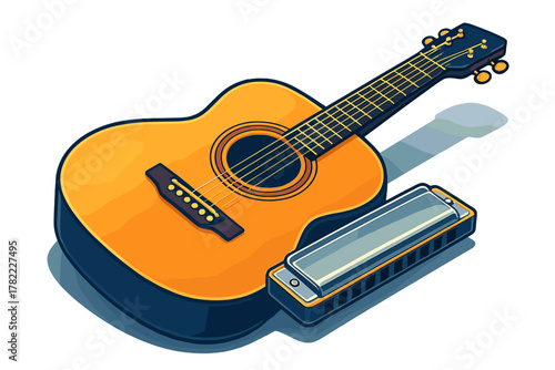 Classic wooden acoustic guitar and metal harmonica lying together on a white surface