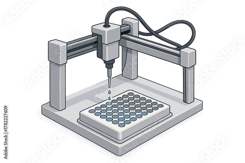 Automated liquid handling robot dispensing fluid into a multi-well microplate for scientific laboratory research and testing