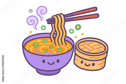 Smiling purple ramen bowl lifted by chopsticks next to a happy bamboo steamer basket