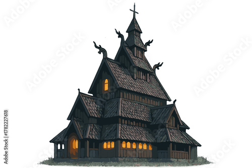 Historic dark wooden stave church with intricate roof details and glowing isolated on white