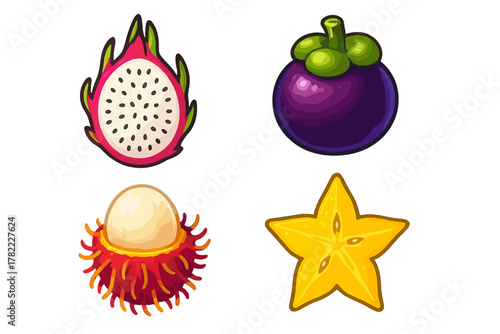 Colorful exotic tropical fruit set with dragon fruit, mangosteen, rambutan, and star fruit