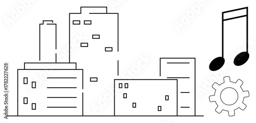 Modern cityscape with minimalistic buildings, music note, and gear signifying innovation, creativity, and progress. Ideal for urban development, technology, design, teamwork creativity art