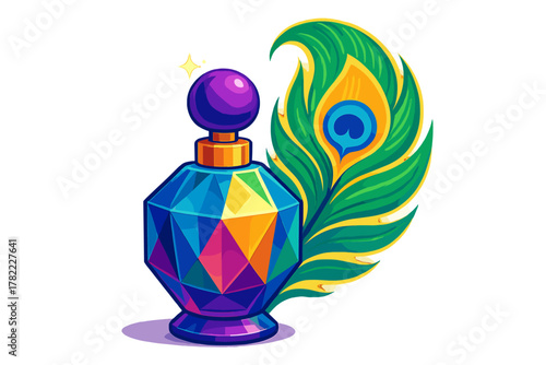 Vibrant geometric perfume bottle with purple cap and shimmering peacock feather accessory
