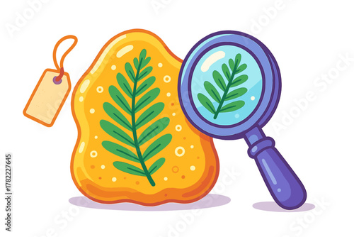 Magnifying glass examining a prehistoric plant fossil embedded in golden amber resin with a blank price tag