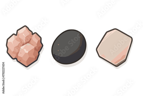 Stylized set of three geological elements including crystal, smooth pebble, and striped stone
