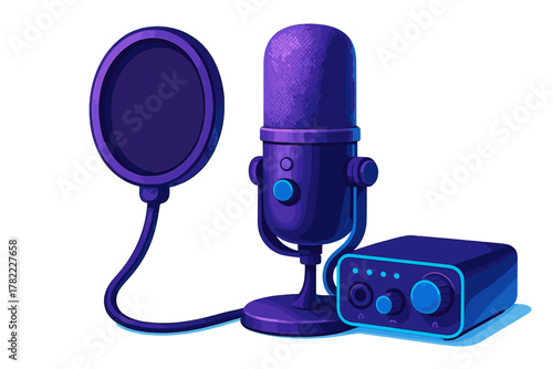 Modern condenser microphone setup with pop shield and sound card in neon colors