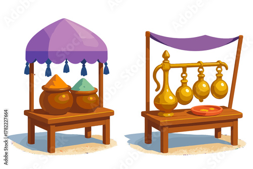 Traditional bazaar stands displaying vibrant spice powders and ornate brass measuring equipment