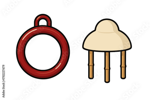 Simple red ring and small beige stool with bamboo legs on white background