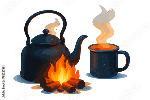 Cozy campfire scene with a steaming kettle heating water next to a hot enamel mug