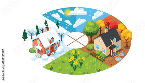 Charming isometric houses depict the beauty and transition of all four seasons outdoors