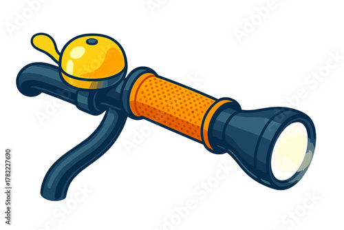 Stylized bicycle handlebar section with bright yellow bell, textured orange grip, and illuminated headlight