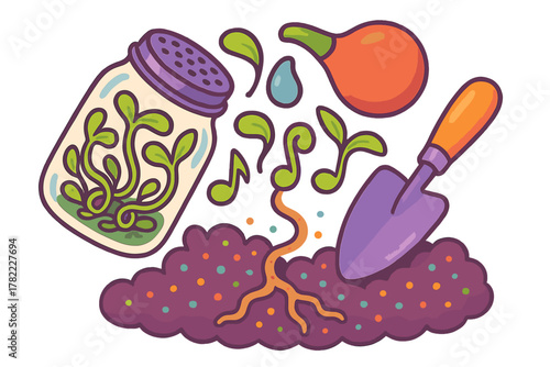 Whimsical gardening tools and sprouting microgreens in glass jar with soil and roots