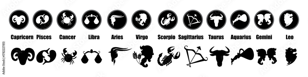 Fototapeta premium Horoscope zodiac flat signs collection. horoscope silhouette clipart set. Constellation of Aries, Taurus, Leo, Gemini, Virgo, Scorpio, Libra, Aquarius, Sagittarius, Pisces, Capricorn, Cancer.