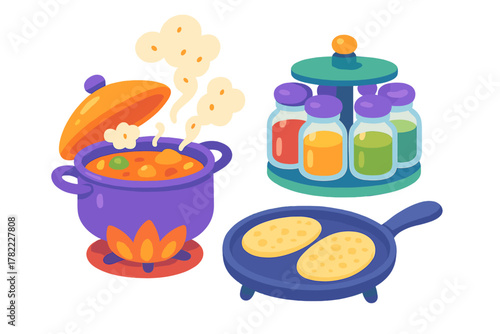 Colorful kitchen set with boiling pot, spice rack, and frying pan cooking flatbread