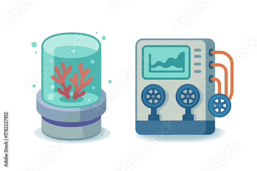 Bioreactor tank holding red coral specimen connected to a scientific monitoring control unit