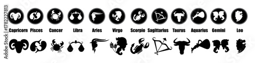 Horoscope zodiac flat signs collection. horoscope silhouette clipart set. Constellation of Aries, Taurus, Leo, Gemini, Virgo, Scorpio, Libra, Aquarius, Sagittarius, Pisces, Capricorn, Cancer. 