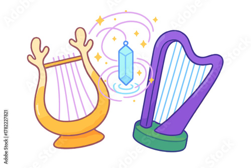 Magical lyre and harp musical instruments with glowing crystal and sparkling energy effects