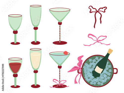Holiday drinks vector illustrations set. Festive cocktail, wine and champagne glasses with ribbons, bottle in ice bucket isolated on white background. Party alcoholic beverages and trendy glassware