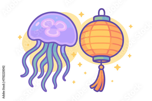 Vibrant cartoon jellyfish floating beside a traditional oriental paper lantern