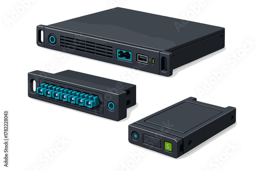 Modular network server components including main unit, fiber optic module, and storage drive bay