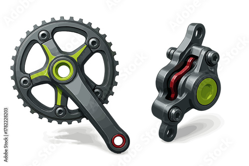 Bicycle crankset assembly and hydraulic disc brake caliper isolated on white