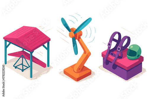 Isometric set of travel and leisure objects including hang glider shelter, fan, and helmet