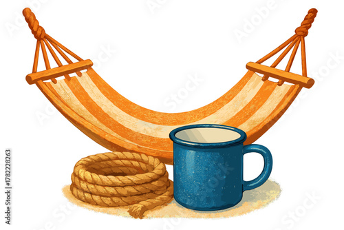 Striped orange hammock with coiled rope and blue enamel camping mug isolated on white background