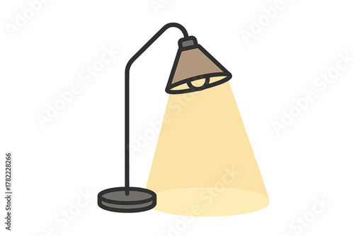 Minimalist standing floor lamp with a curved neck and conical shade emitting warm light downwards