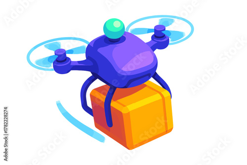 Futuristic quadcopter drone delivering an orange package quickly through the air