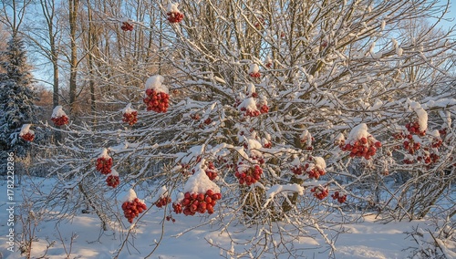 Clusters of vibrant red rowan berries blanketed in snow, frost-tinged branches, seasonal change