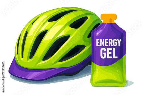 Bright neon cycling helmet and energy gel packet for sports nutrition and safety