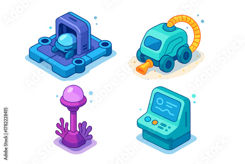 Cartoon isometric icons featuring deep sea research technology and gadgets