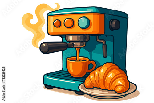 Colorful espresso machine brewing coffee into a cup next to a fresh croissant breakfast setup