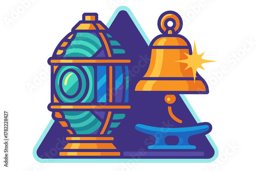 Stylized nautical elements featuring a glowing ship lantern and a ringing brass bell on a dark background
