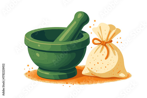 Traditional green mortar and pestle with a small tied bag of ground spices or herbs